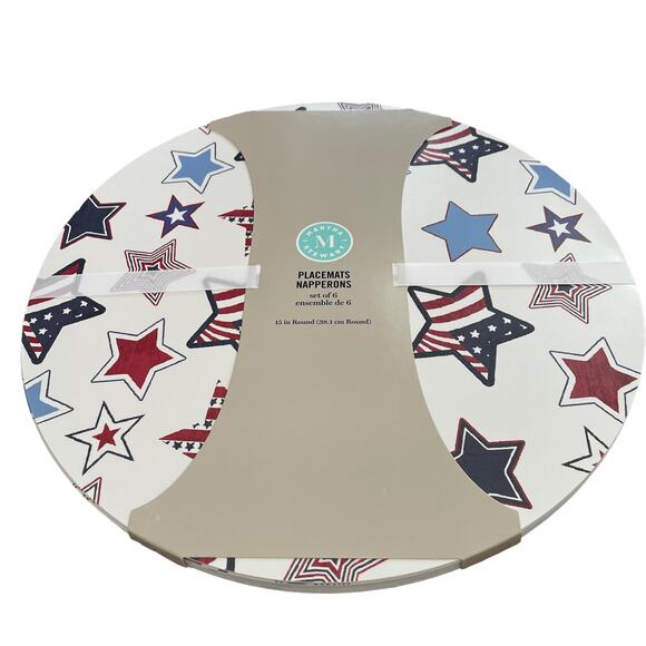 6pc Martha Stewart Patriotic Stars Round Placemats 15in Red White Blue USA NEW - Picture 2 of 6